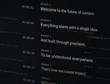 Transcript and timing notes displayed on a dark screen