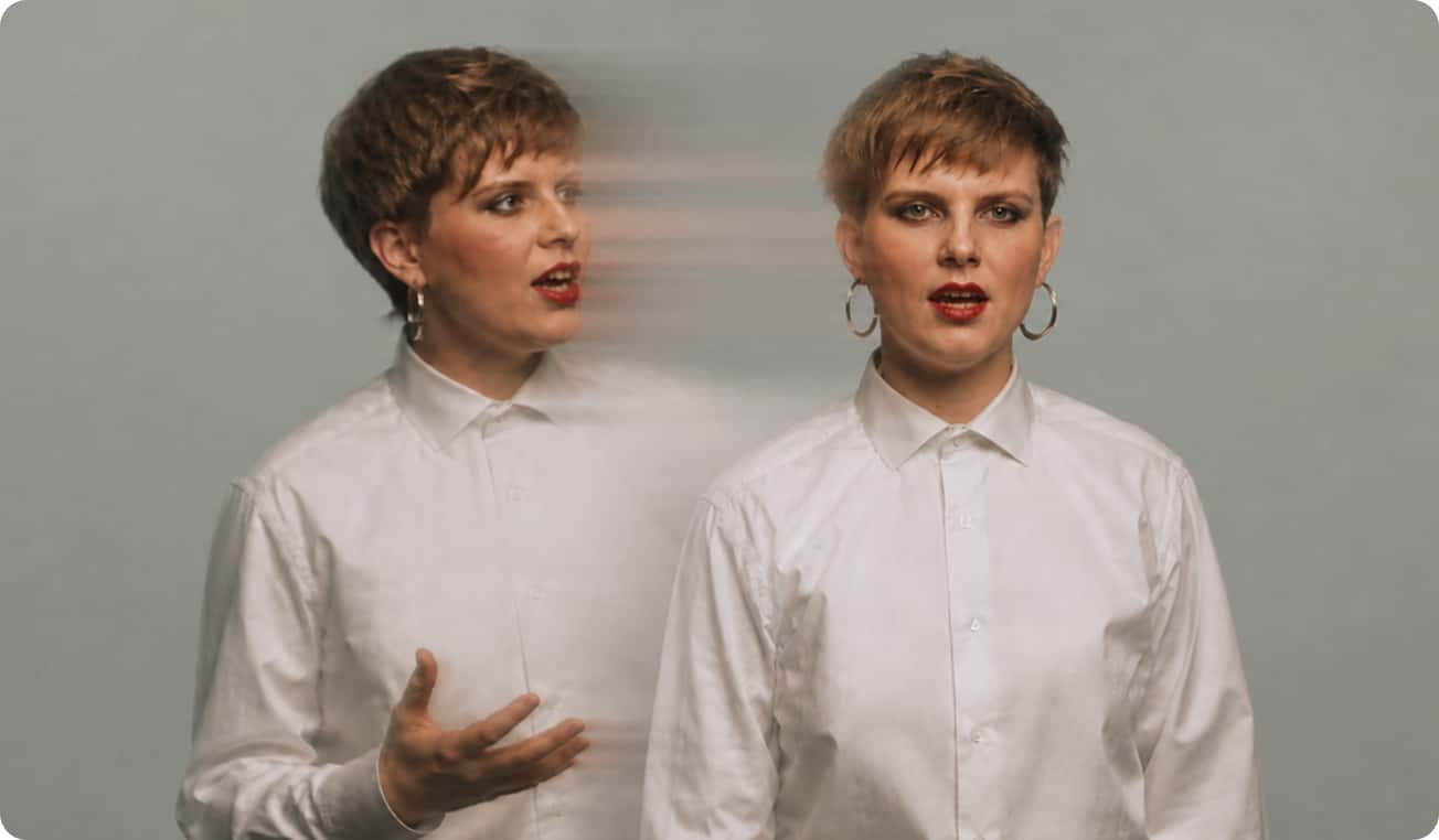 Two versions of the same performer speaking
