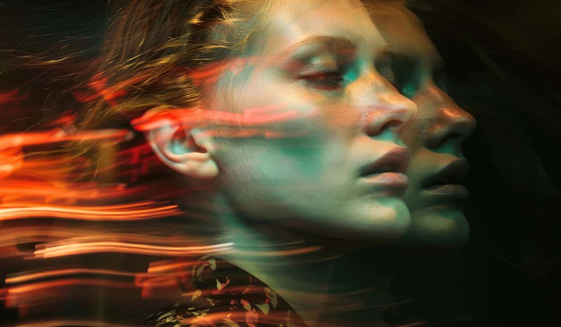 Woman shown with a motion-blur double exposure